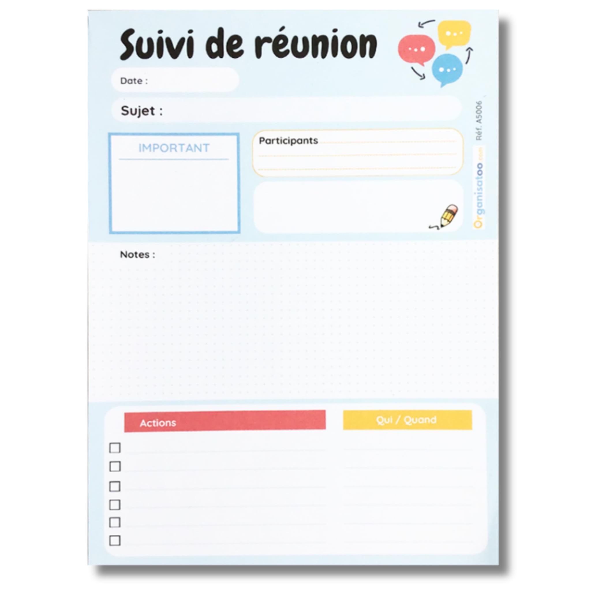 Bloc-notes suivi de réunion A5 50 pages détachables pour équipe managers entrepreneurs