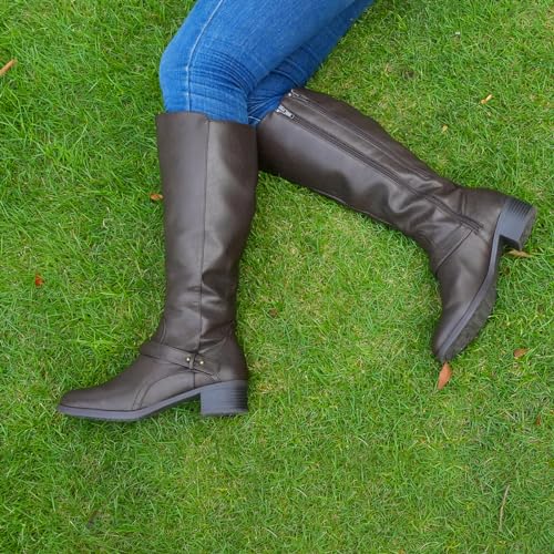 Hawkwell Damen-Reitstiefel mit breiter Wade und doppeltem Reißverschluss, Braun Synthetik EU 40