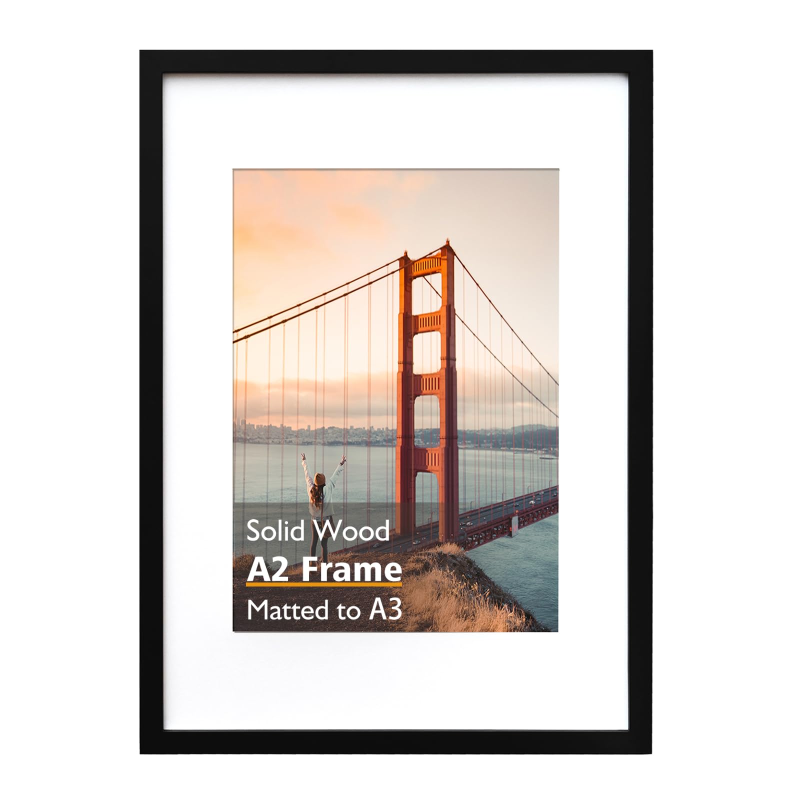 KINLINK A2 Picture Frame, Black Solid Wood Frame with Acrylic Plexiglass 16.5 x 23.5 Frame for Pictures A3 with Mat or A2 without Mat, Wall Mounting