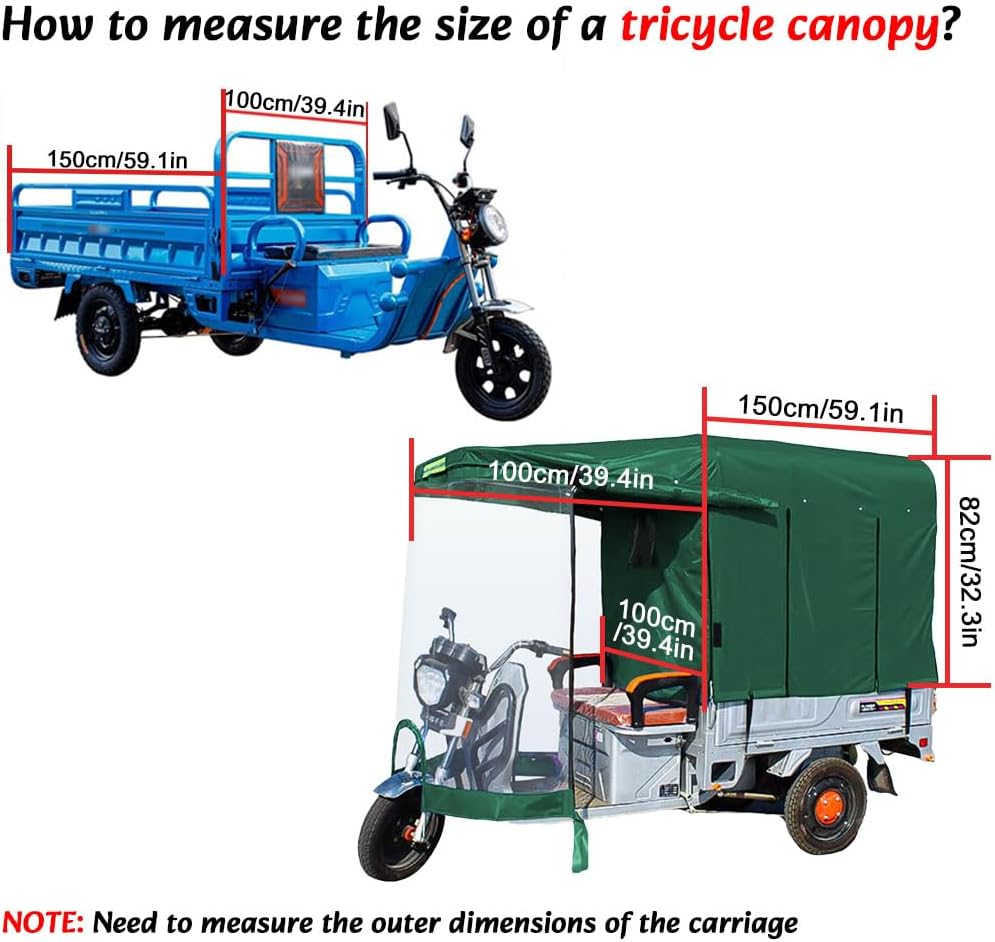Electric Cargo Tricycle Canopy,Adult Electric Tricycle Cover,Electric Trike Awning,3 Wheel Motorcycle Cargo Trike Tarpaulin Suitable for All Seasons (Green, 59.1 * 39.4in)