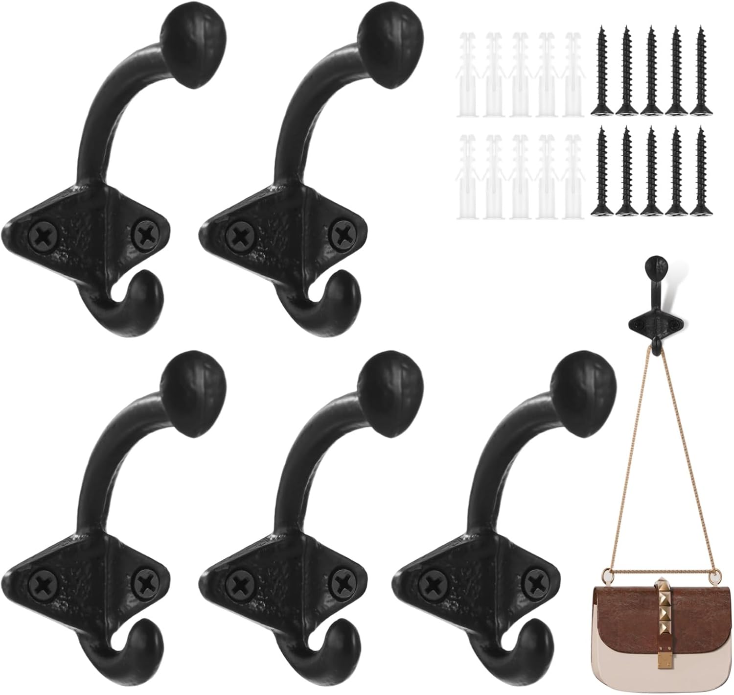 5 PCS Vintage Coat Hooks, Rustic Metal Wall Hooks, Farmhouse Wall Hangers with Screws, Black Iron Hooks for Coats Hats Bags Towels, Entryway Bathroom Kitchen