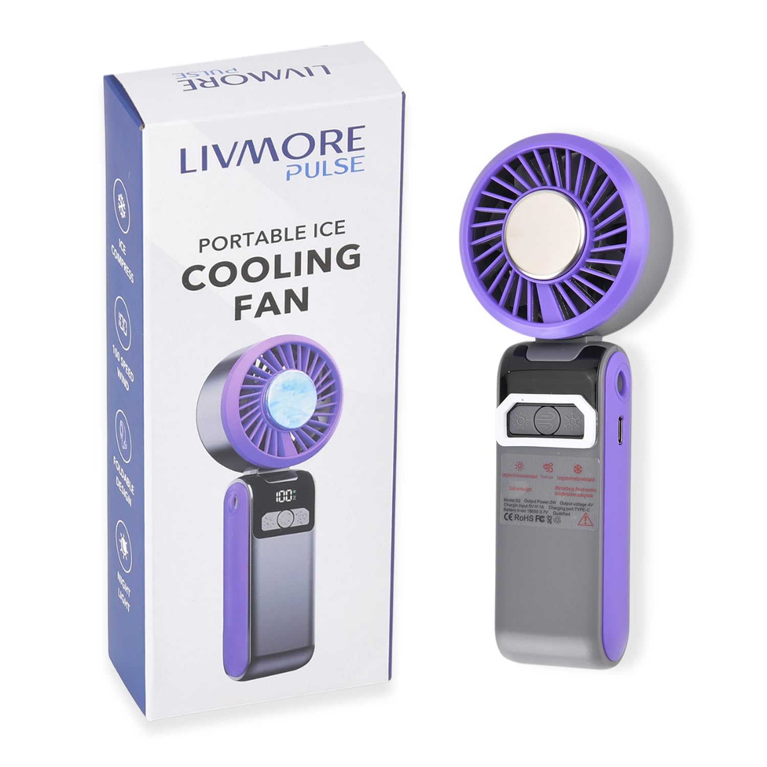 TJC LIVMORE Portable Fan Handheld Mini Fan UK, 100 Speed Rechargeable Cooling Fan 3000mAh 3.7V 2W, Foldable USB Desk Fan with Ice Cooling, Night Light, Type-C Charging for Home Travel- Grey Purple