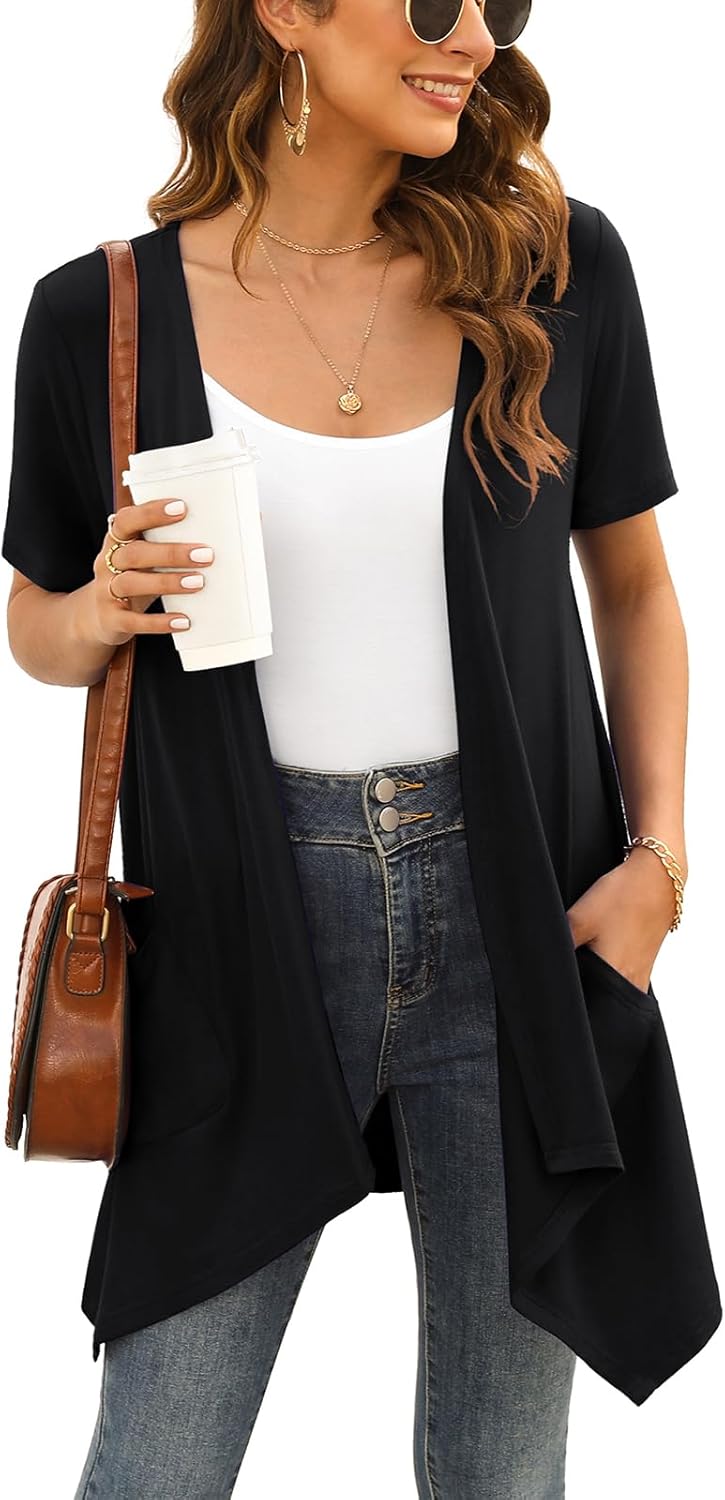 Floral Short Sleeve Cardigans for Women Casual Drape Open Front Lightweight Summer Cardigan with Pocket High Low Hem