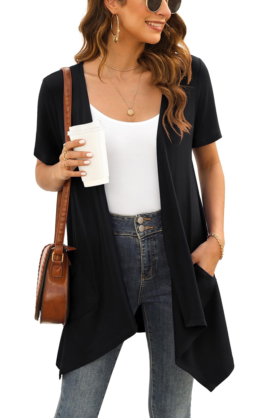 Wiwclo Veryoung Short Sleeve Cardigans for Women Casual Drape Open Front Lightweight Summer Cardigan with Pocket High Low Hem