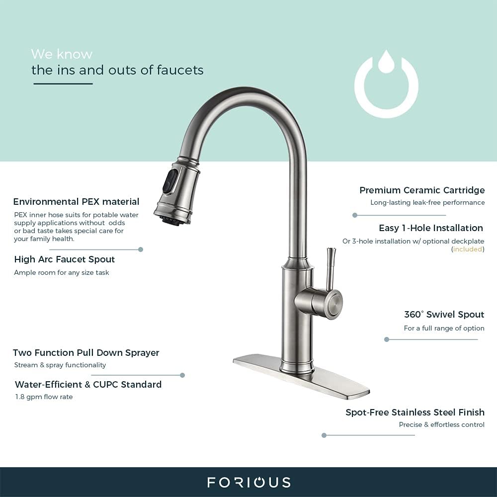 FORIOUS High Arc Kitchen Faucet with Sprayer, Stainless Steel Kitchen Faucet with Pull Down Sprayer, Single Handle Brushed Nickel Kitchen with Pull Out Sprayer
