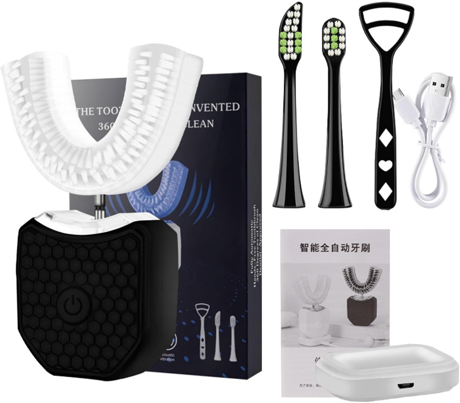 VIDECOR 2023New Trend Intelligent 360 Electric Toothbrush U-Shaped ElectricToothbrush Sonic Toothbrush 3 Brush Head for Travel Adult,Black