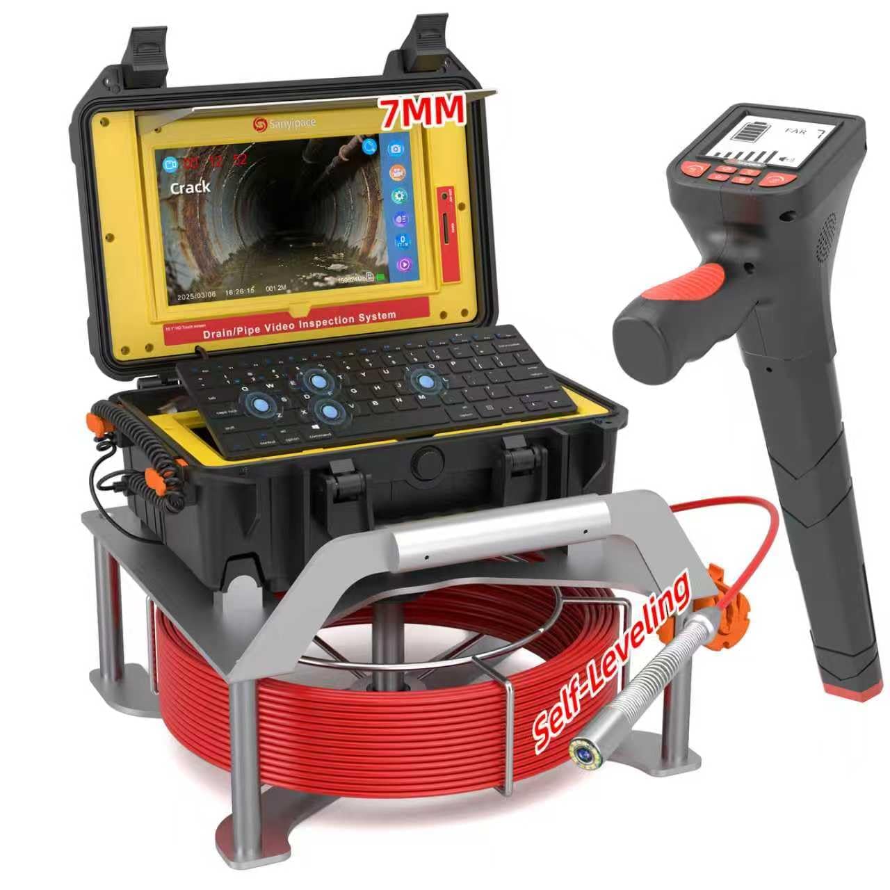 Telecamera di Ispezione 50M, Sanyipace 23MM Telecamera Fognatura con Localizzatore 512hz, Trasmettitore a 512Hz, Autolivellante, Contatore di Distanza Schermo Touch Screen da 10,1 Pollici, 4500mAh