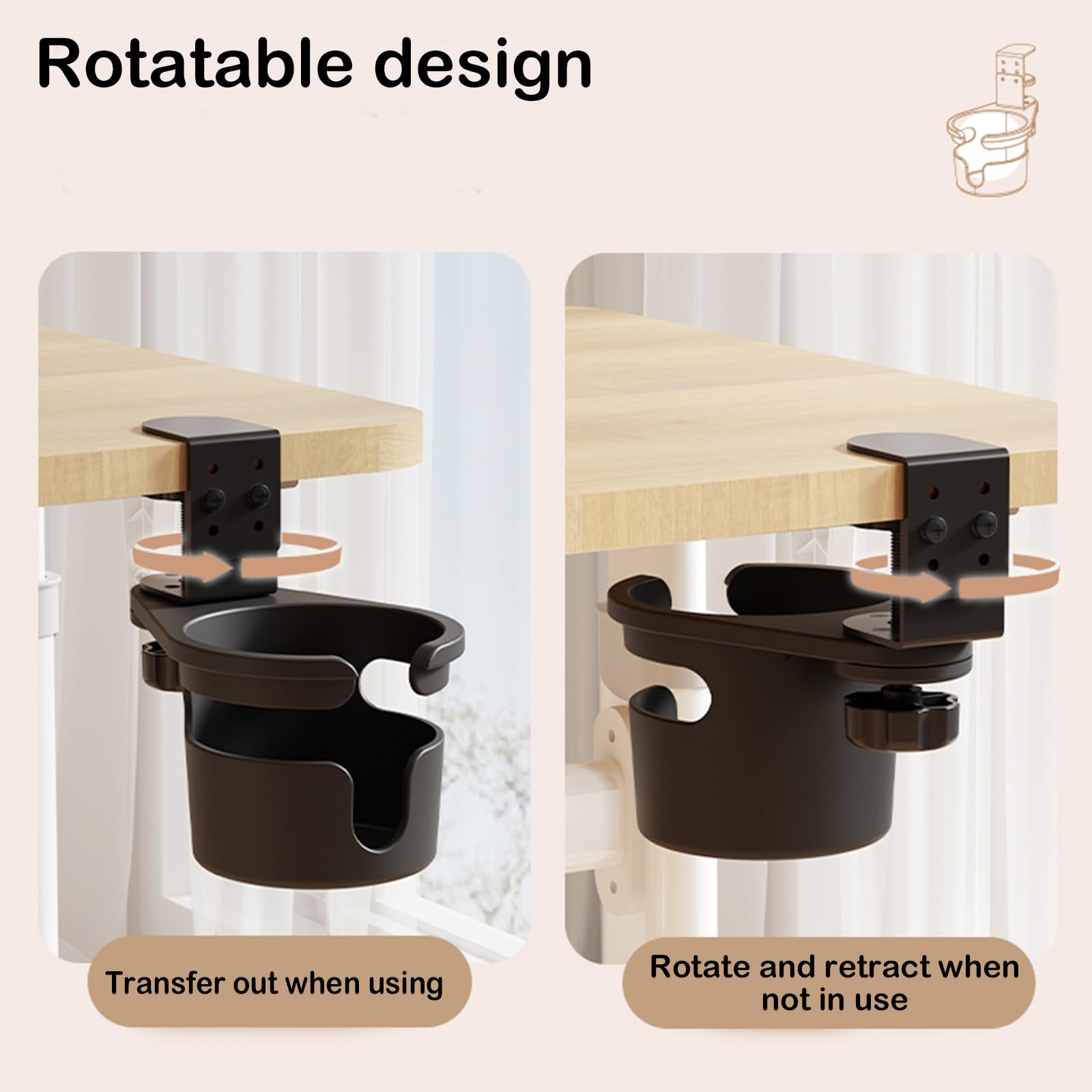 KKJCXY Desk Cup Holder, 360° Rotating Under-Table Cup Holder, Anti-Spill Water Bottle Stand & Coffee Mug Storage for Home, Office & School