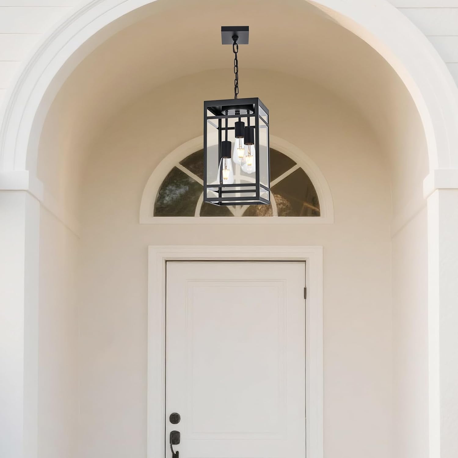 3-Light Outdoor Pendant Lights for Porch, Black Outdoor Chandelier 16'' Large Exterior Hanging Porch Light Fixtures with Clear Glass, Waterproof Outside Pendant Lantern for Garage Foyer