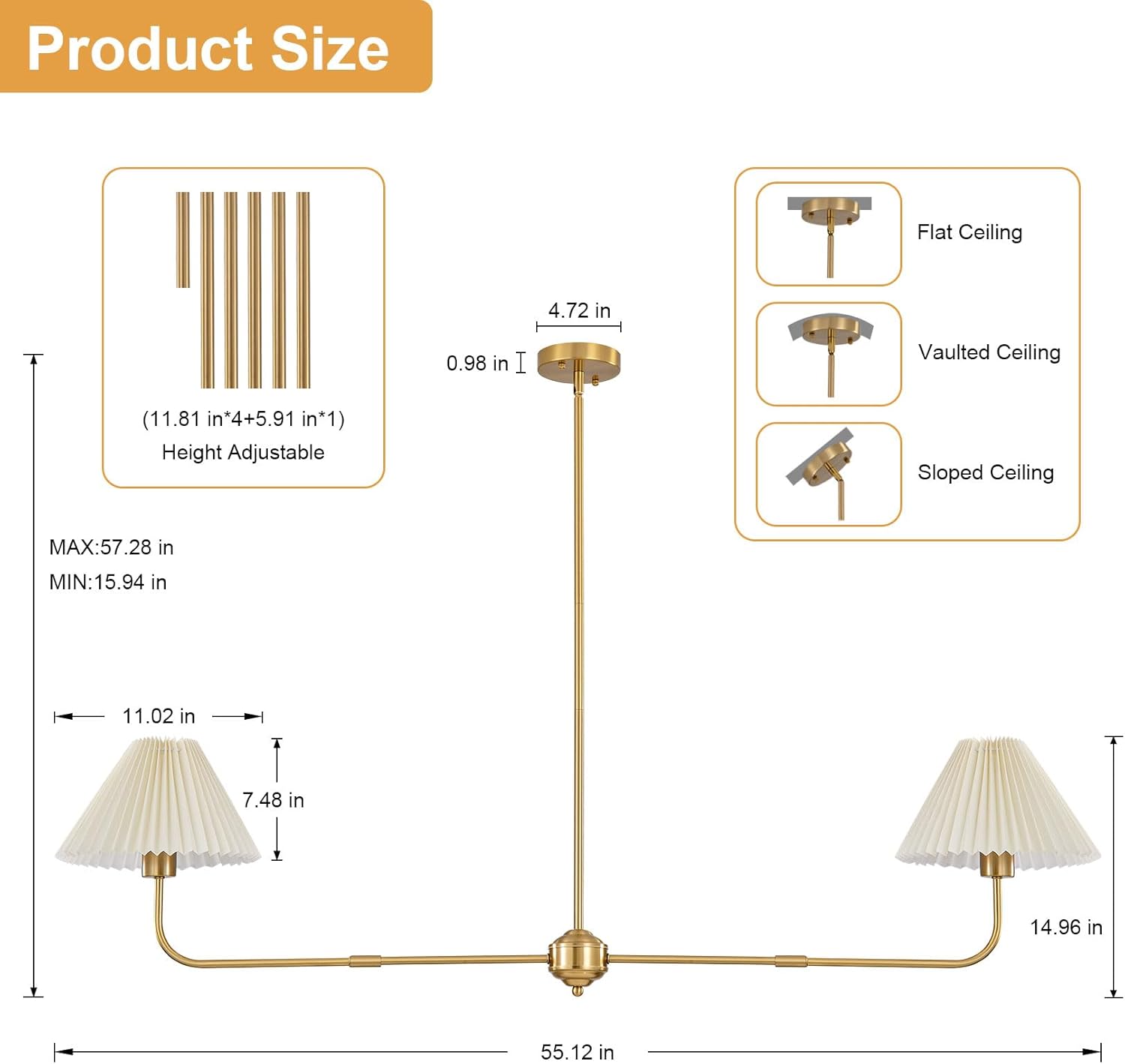 Gold Linear Chandelier 2-Light Modern Chandeliers Linear Pendant Light Fixture for Dining Room Kitchen Island Lighting with White Pleated Fabric Shade for Living Room Restaurant Bedroom