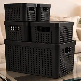Kit 5 Caixas Organizadoras com Tampa Plástico Resistente Multiuso Armário Cozinha Lavanderia (PRETO)