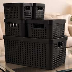 Kit 5 Caixas Organizadoras com Tampa Plástico Resistente Multiuso Armário Cozinha Lavanderia (PRETO)