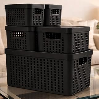 Kit 5 Caixas Organizadoras com Tampa Plástico Resistente Multiuso Armário Cozinha Lavanderia (PRETO)