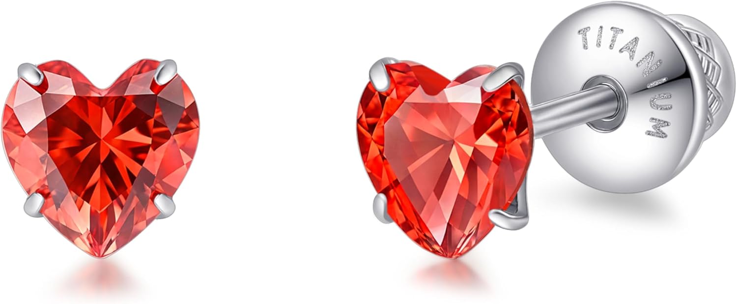 Limerencia Heart Birthstone Screw Backs Earrings G23 Implant Grade Titanium Stud Earrings 20G Hypoallergenic Cubic Zirconia Tragus Piercing Post for Sensitive Ears