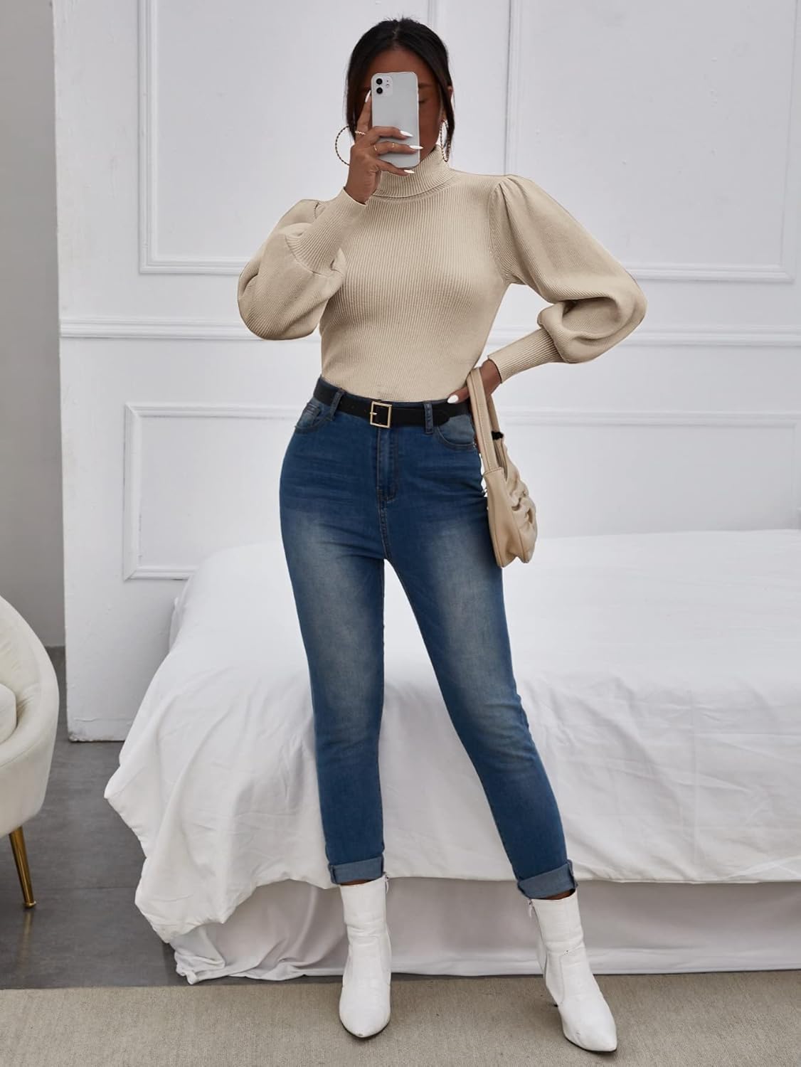 Women's Sweater Solid Bishop Sleeve Turtle Neck Sweater Sweater for Women (Color : White, Size : Medium)