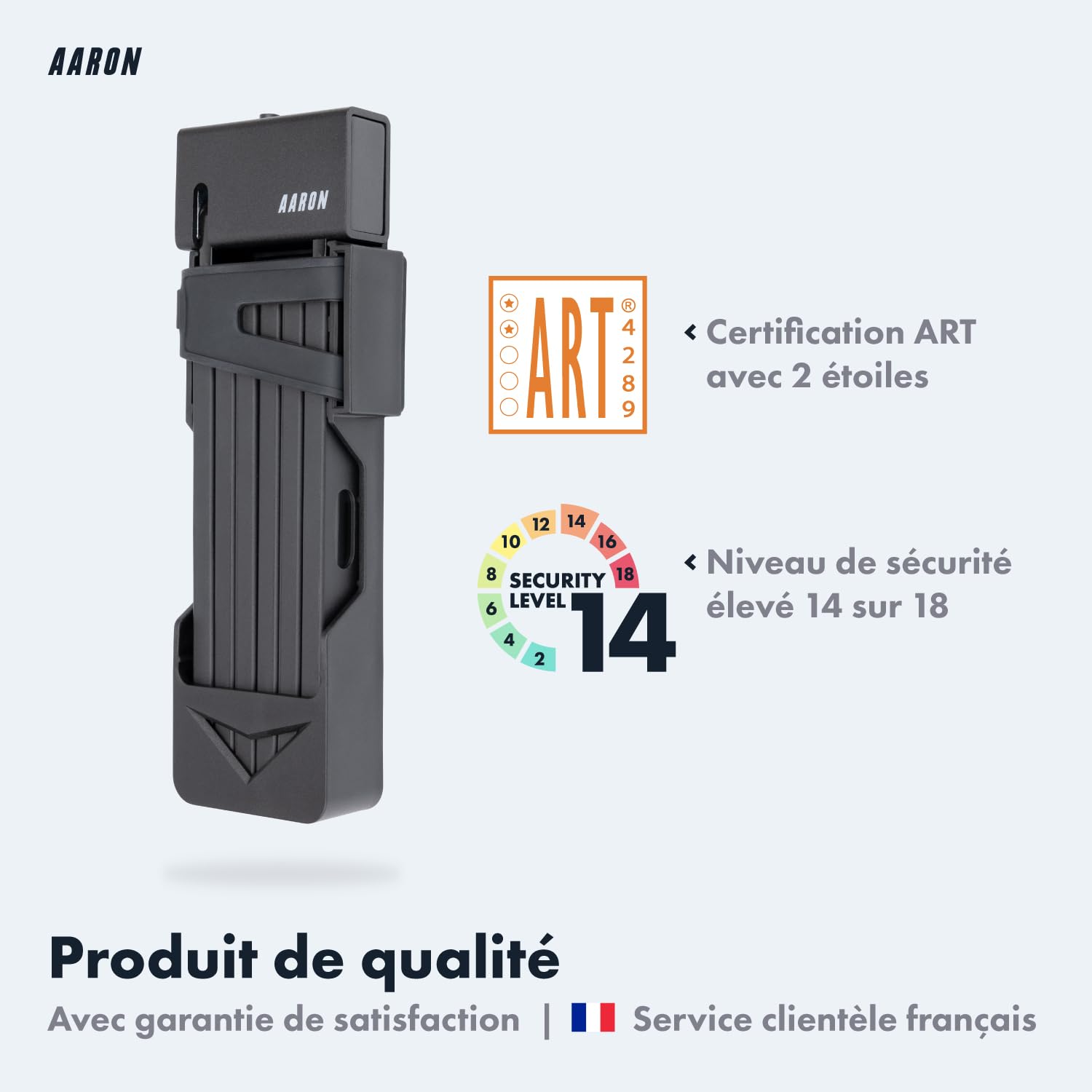 AARON Shield Antivol de vélo – Antivol pliable sécurisé niveau 14 – Support et clé inclus pour vélo électrique, de route, moto, VTT en noir