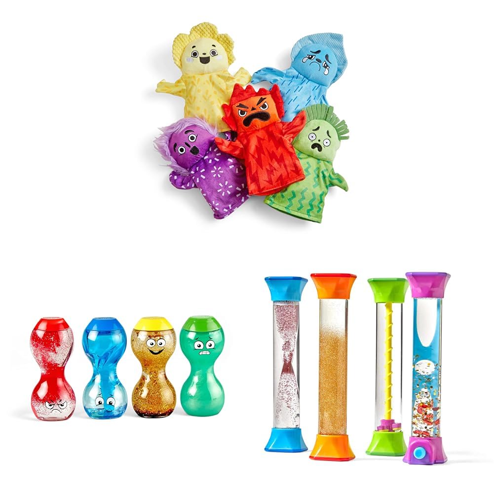 hand2mind Feelings Family Hand Puppets & Express Your Feelings Sensory Bottles & Sensory Fidget Tubes, Calming Toys