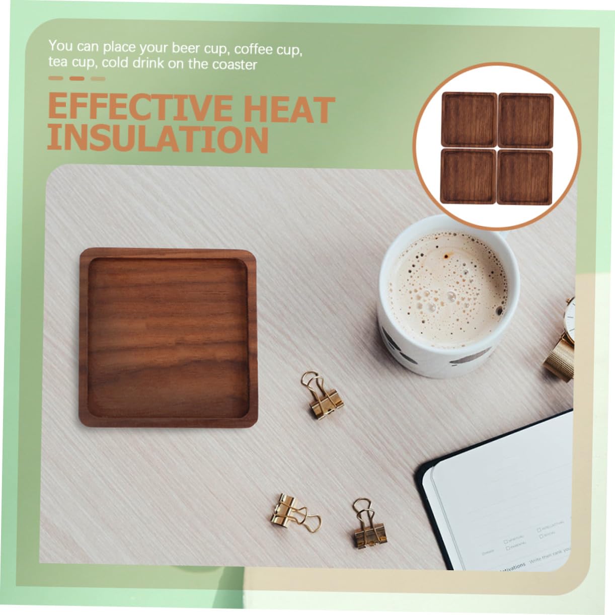 NOLITOY Posavasos De Madera para Mesa 8,8 Cm Cuadrados De Nogal, Aislante Térmico, Resistentes Al Calor, para Bebidas Calientes y Frías, Uso En Hogar, Restaurante y Bar, Juego De 4 Piezas