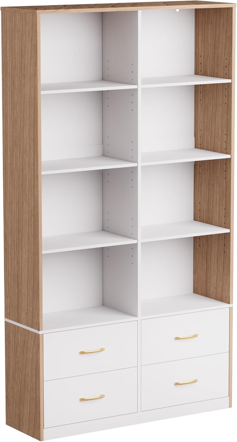 70" Tall Bookshelf with 4 Drawers and Adjustable Shelves, Mid Century Modern Bookcase Storage Organizer, Standing Display Shelving Unit for Home Office, Bedroom and Living Room (Natural)