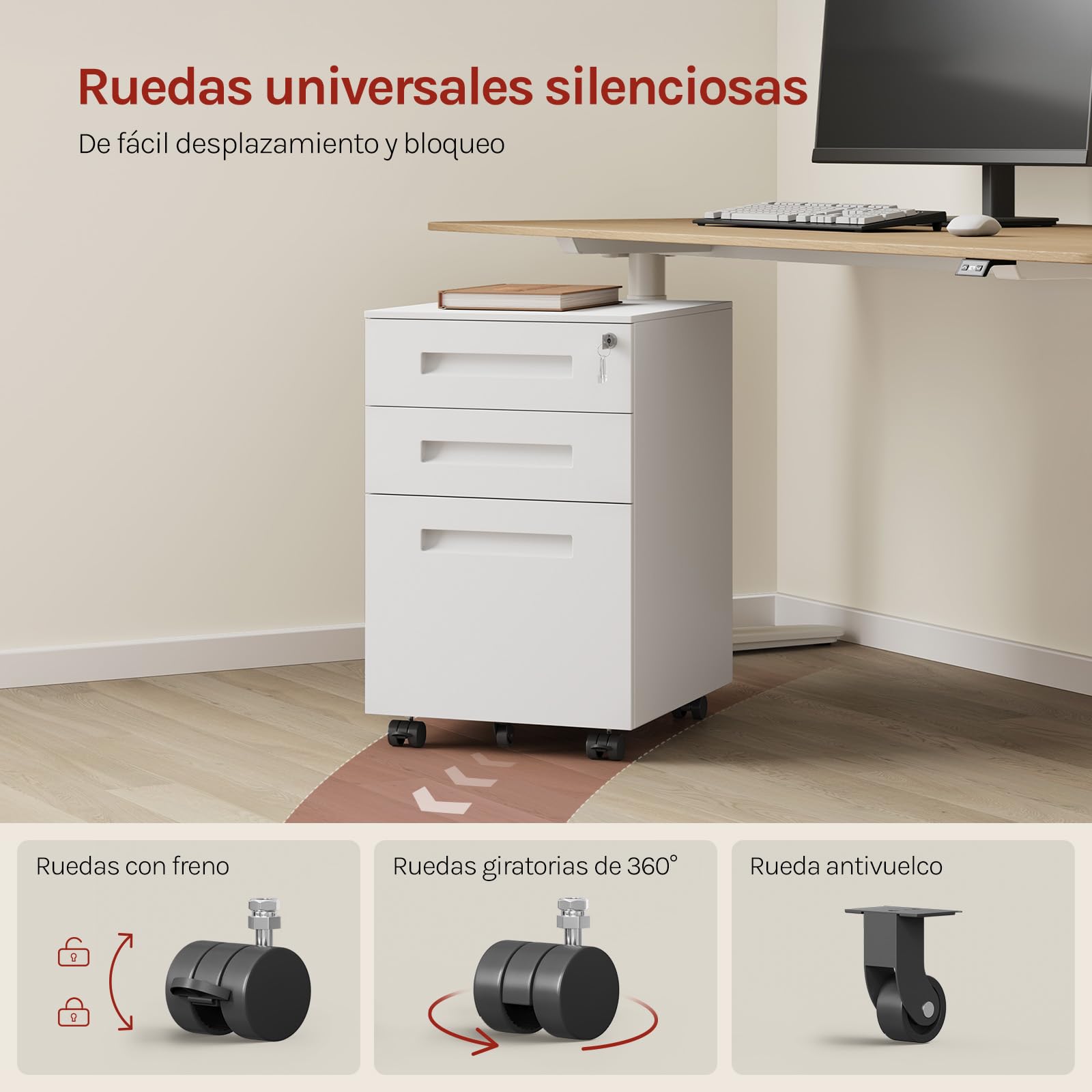 WOLTU Cajonera de Oficina Armario Archivador Móvil con Cerradura, Cajonera con Ruedas para Archivos A4 Carpetas Colgantes, Mueble Archivador Metálico para Oficina, Blanco SK023ws