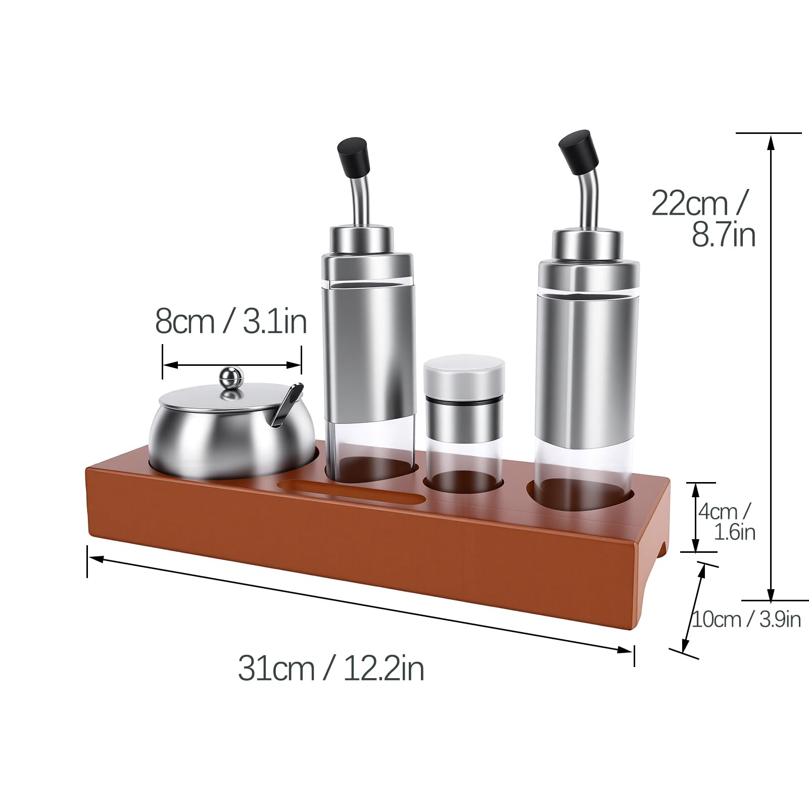 Edelstahl-Gewürzflaschen-Set mit Eichenholzhalter, 4-teiliger Öl-Essig-Salz-Paprika-Spender für die Organisation von Küchentheken und Tischen