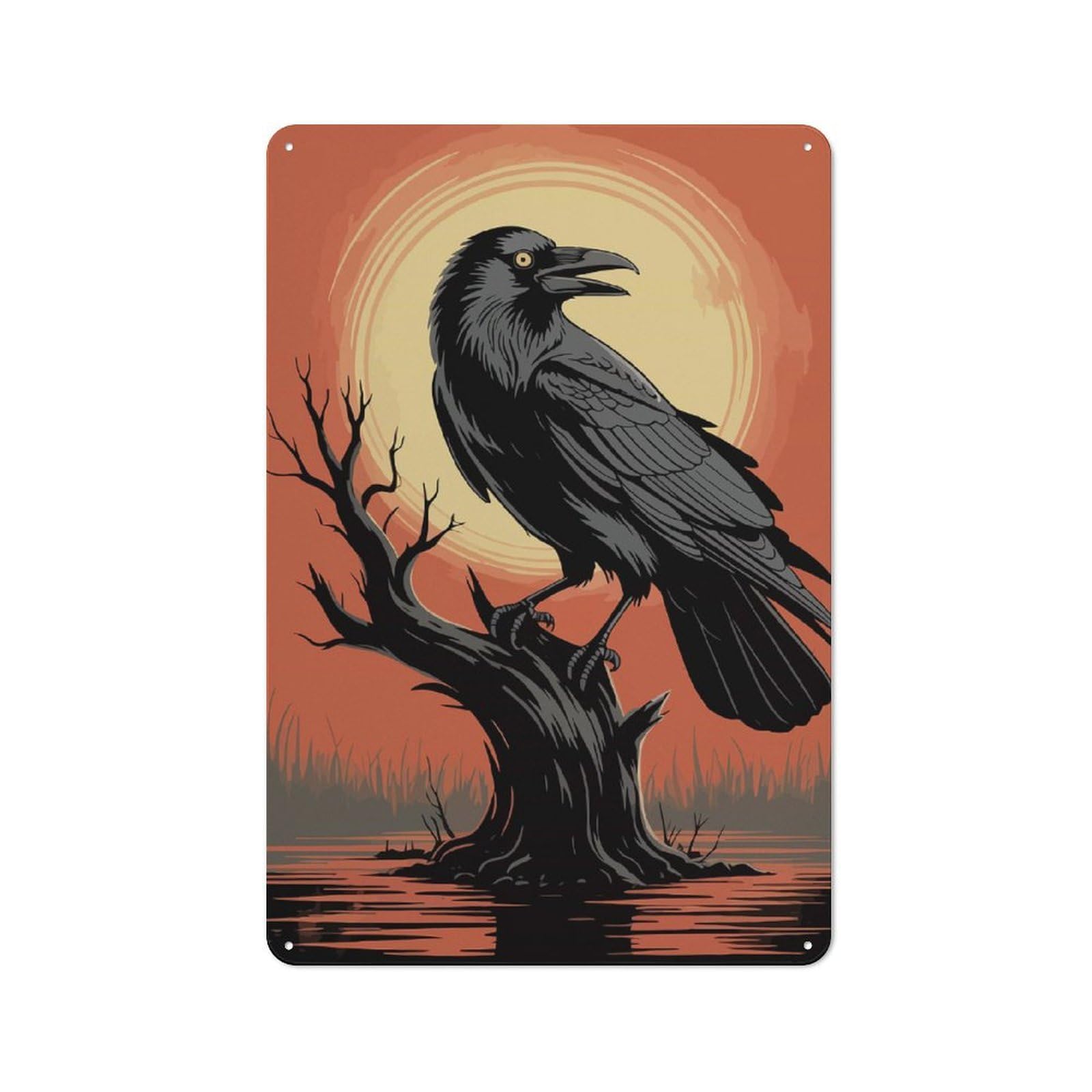 Junmoney Raven On A Branch At Sunset Decorative Metal Wall Decor 30X20cm, Vintage Metal Sign For Hallway, Home Bar, Garage Or Study