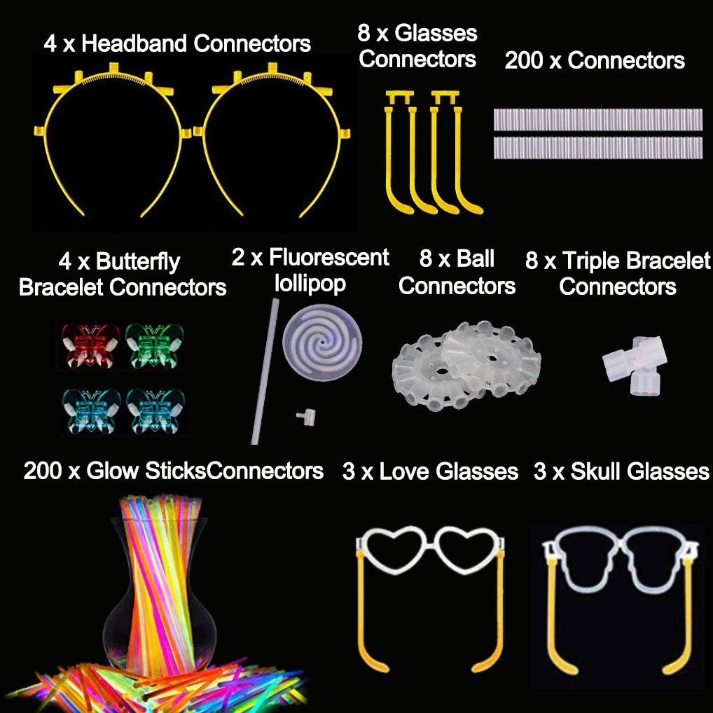 XINGGANG 238 Pieces Break Lights Party Set 10 Finger Lights Nozzle Lights 100 Pieces Buckling Lights Glasses Hairpin Flower Butterfly Ball Glow Sticks for Neon Party Decoration Wedding