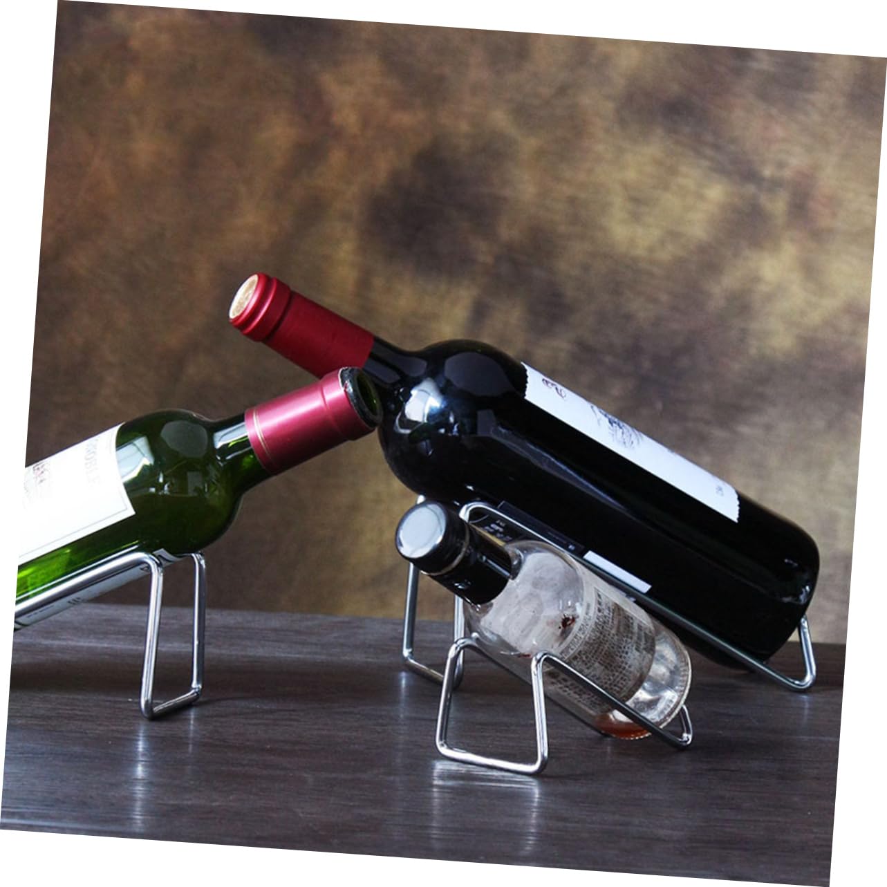 OUNONA Wrought Iron Wine Rack Elegant Bright Silver Wine Bottle Holder for Kitchen Countertops Bar Sturdy Display Stand Mobile Phones Present for Holidays