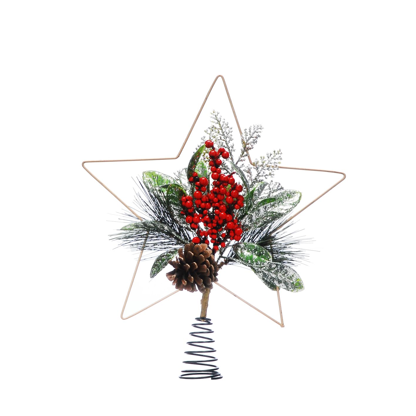 Festive Productions 34cm Gold Metal Star with Foliage and Red Berries Centre Christmas Tree Topper - Deluxe Christmas Tree Topper - Christmas Tree Decoration