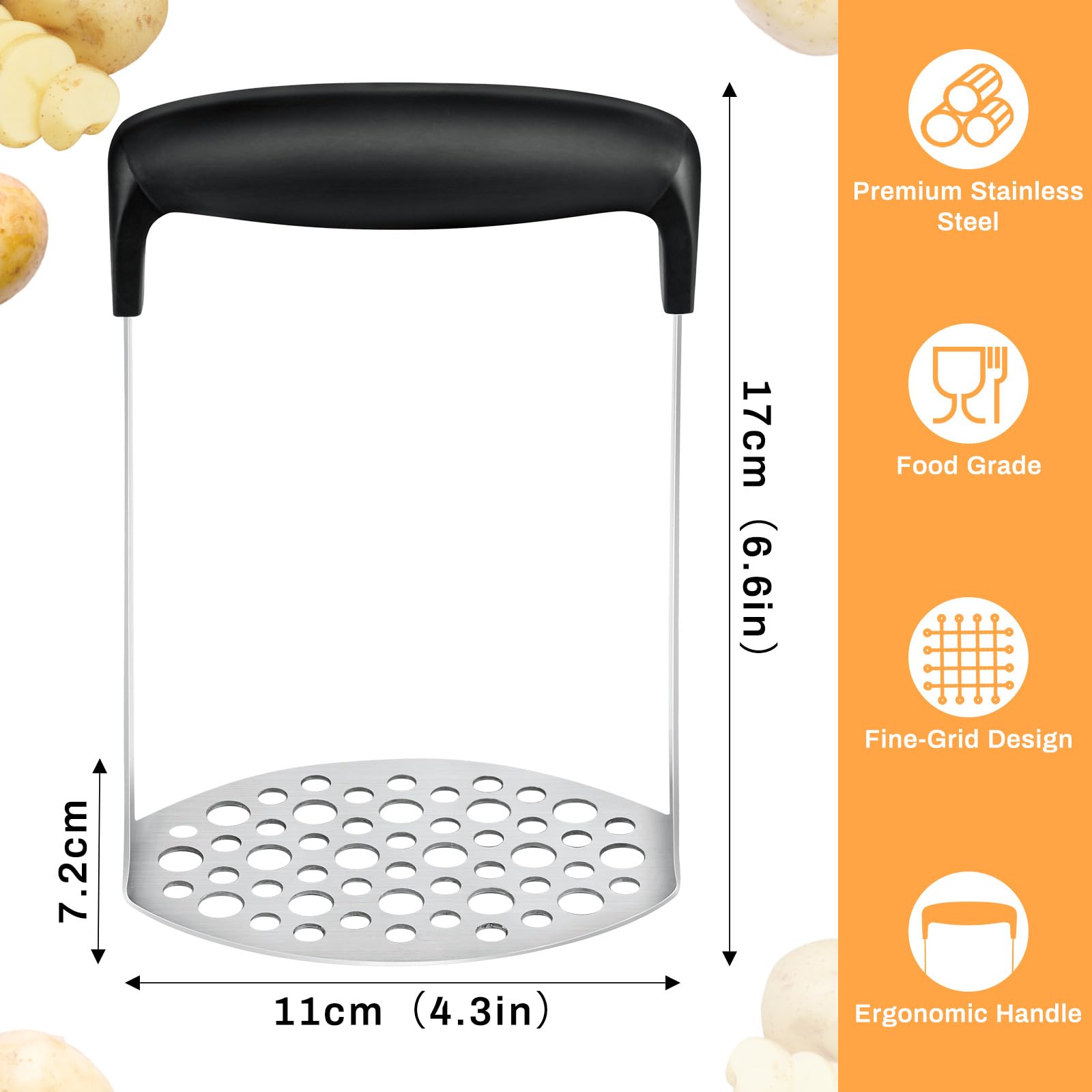 Triturador de patatas, Pleafind Potato Masher Stainless Steel, utensilio de cocina duradero con mango antideslizante, perfecto para judías, verduras, frutas, aguacate, apto para lavavajillas