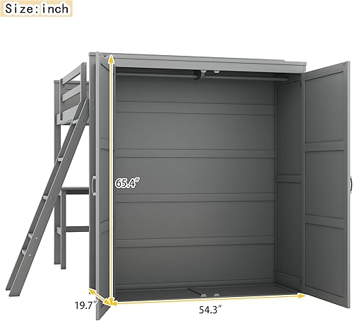 Miniatura 283 de Cama alta funcional tamaño individual con 2 cajones y 2 armarios, base de cama de madera maciza con barandilla de seguridad y escalera de