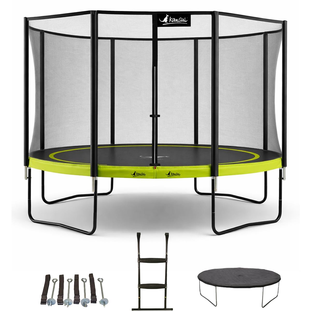 KANGUI Trampoline de Jardin PUNCHI avec Filet de Sécurité, Échelle, Bâche de Protection et Kit d’Ancrage – Vert – Ø300, Ø360 et Ø430 cm