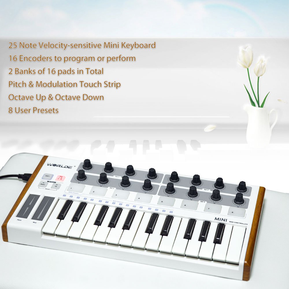 Teclado USB de 25 teclas, ultra mini almohadilla de batería MIDI USB profesional de 25 teclas y controlador de teclado