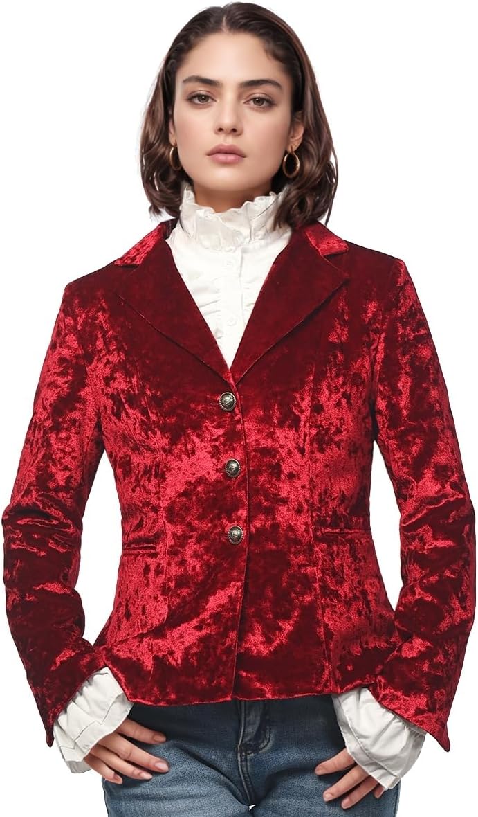 Women's Vintage Velvet Suit Jacket V-Neck Pocket Long Sleeves Dressy Coat Retro Casual Tops - Image 3