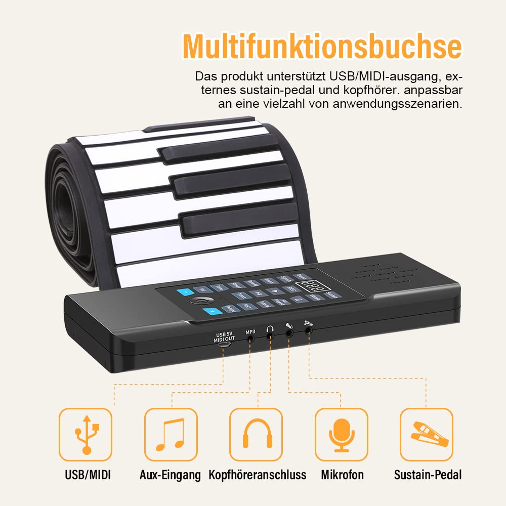 88 Tasten Roll-Up Klavier, tragbar mit Kopfhöreranschluss, MIDI 128 Klänge Rhythmen, Silikon Klavier für Reisen Heim Geschenk Kinder Erwachsene