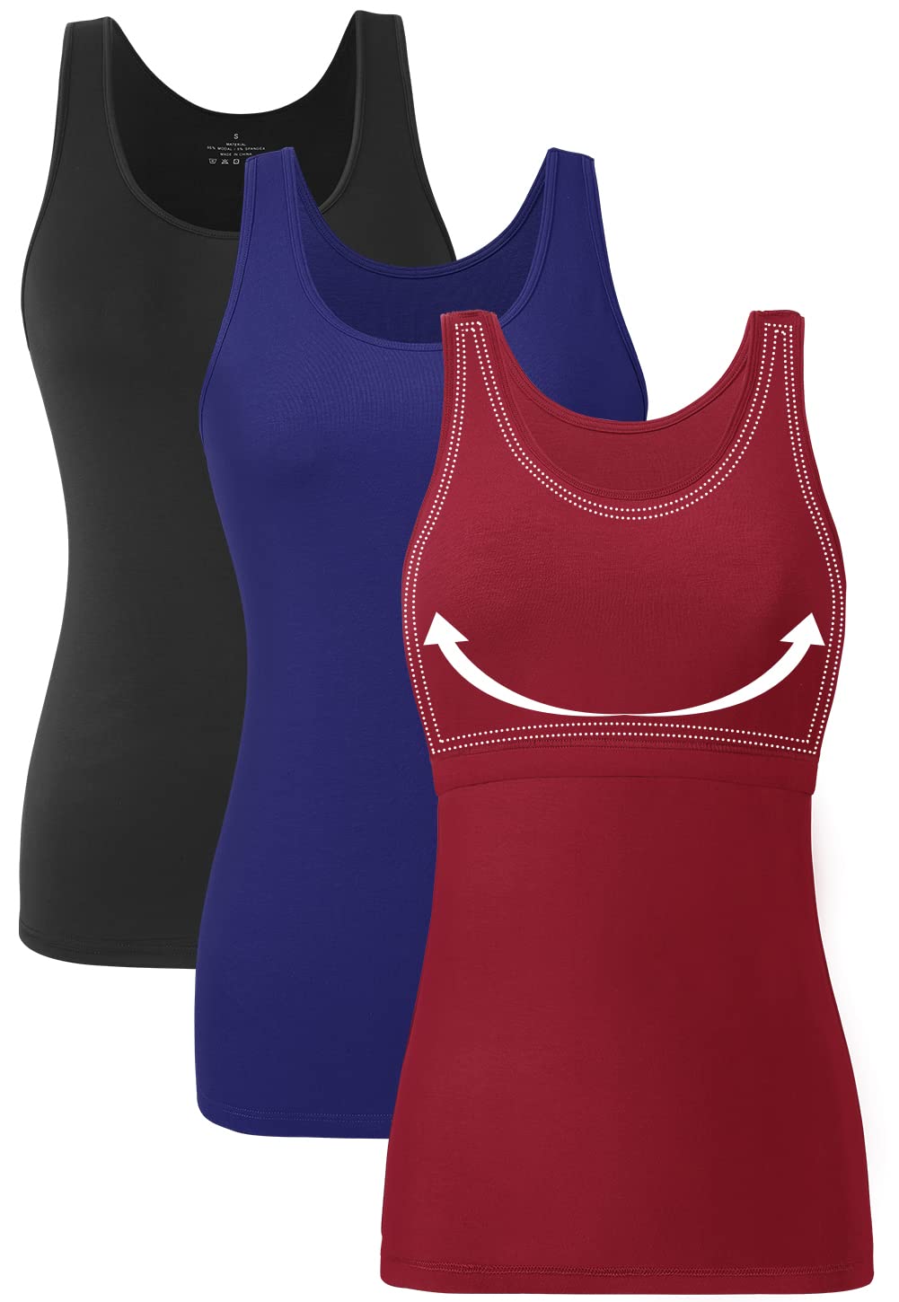 Orrpally Camiseta básica de algodón para mujer, para estante, sostén, sin mangas, 3 unidades, Negro/Azul Oscuro/Rojo Vino, Large