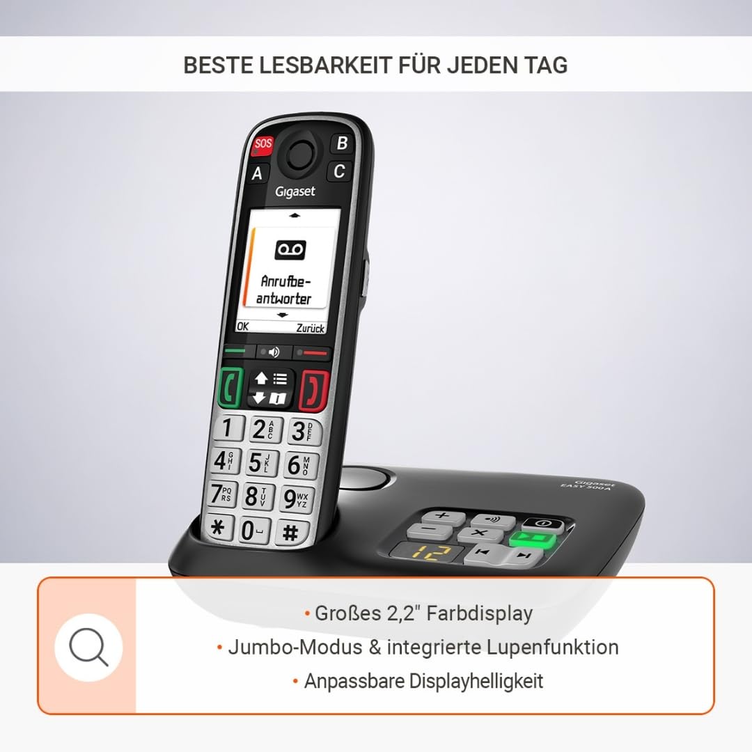 Gigaset Easy 520A Seniorentelefon mit Anrufbeantworter, SOS-Notruf, Schwarz | 2,2-Zoll-Farbdisplay, Freisprechfunktion, Direktwahltasten, Made in Germany, [Kompatibel in DE, IT, FR, NL, BE, CHE, AUT]