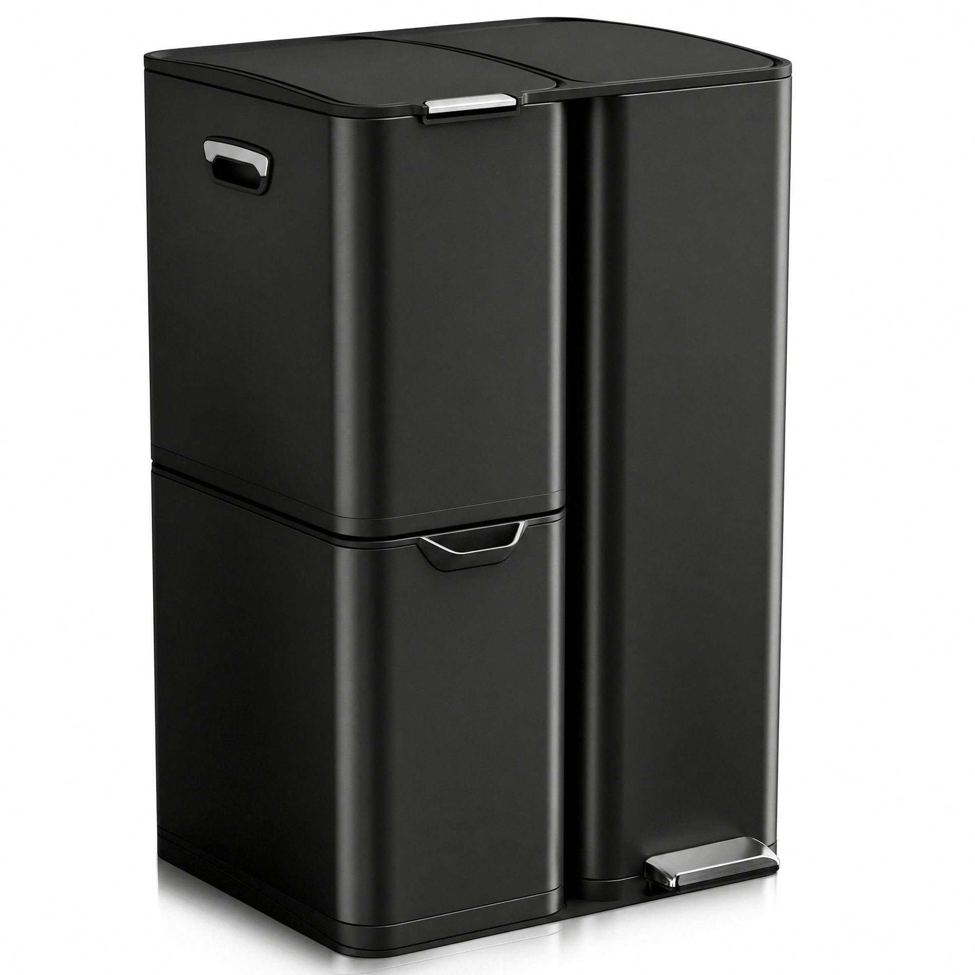 LIFERUN Mülleimer 3 Fächer, 60L Mülltrennsystem (30 + 17 + 13 L), Schwarz