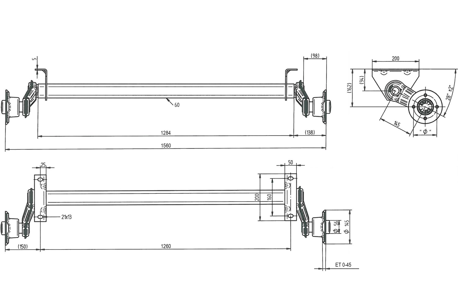 ASSE Knott VG7-L Non frenato per rimorchio UNITRAILER 750kg 1260mm 1560mm 4x100