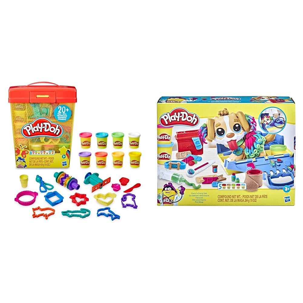Play-Doh, Super Boite a Accessoires avec 8 Pots de Pate a Modeler & Coffret Le Cabinet vétérinaire avec Chien, Mallette avec Rangement, Multicolore, 10 Outils et 5 Pots de pâte à Modeler atoxique