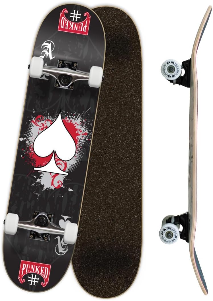 Yocaher Poker Series Pro Complete Skateboard 7.75” x 31” – Double Kick Concave Deck, ABEC-9 Bearings, 54mm Wheels, Aluminum Alloy Trucks, BlackWidow Grip Tape – Trick Skateboard for Beginners & Teens