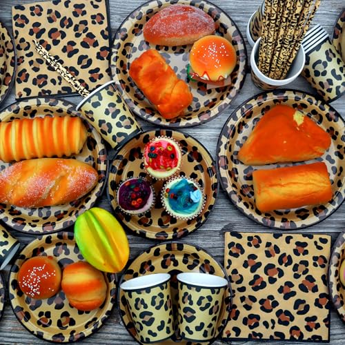 Gepard Geburtstag Party Dekoration, Leopard Print Party Supplies Include Teller Tischdecke Servietten Geschirr für Dschungel Safari Print Baby Shower Serves 20