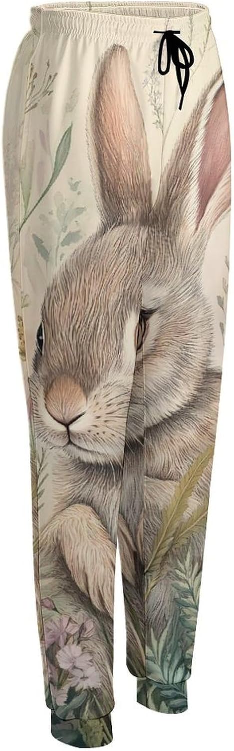 Bunny Ferns Wildflowers Art Women's Athletic Pants Hiking Running Joggers | two pockets,all prints,adjustable waist tie,all year,comortable wear