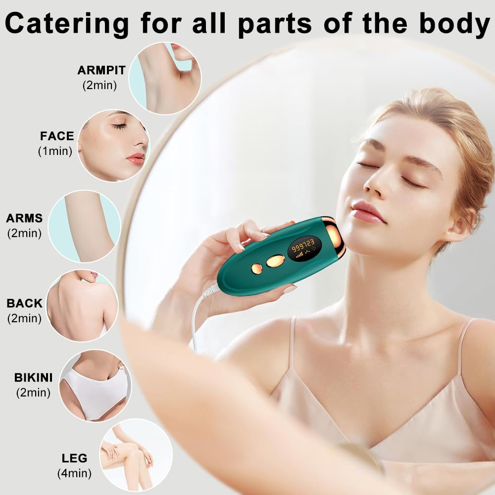 Depiladora Electrica, Depiladora Laser, Depiladora Laser IPL con Función de Enfriamiento, Depiladora indolora para cara, axilas, brazos, piernas y cuerpo (Verde)