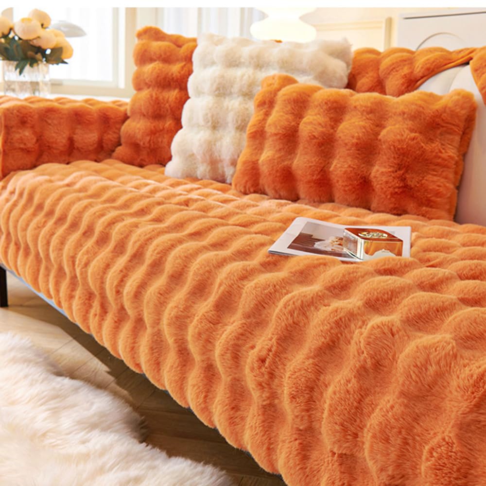 CANYUE Thick Rabbit Plush Sofa Covers, Non-Slip Sofa Slipcovers, Furniture Protector Sofa Covers for 3 Cushion Couch Loveseat Recliner L Shaped Armrest Backrest (Orange,90x210cm) — image 1