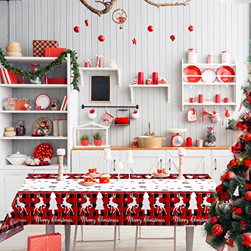 Merry Christmas Table Cloth Plastic Buffalo Plaid Table Cover Red and Black Checked Snowflake Tablecloth Rectangle Xmas Table Cover for Holiday Home Party Birthday Decor (54 x 108 Inches, 3 Pack) – Image 7
