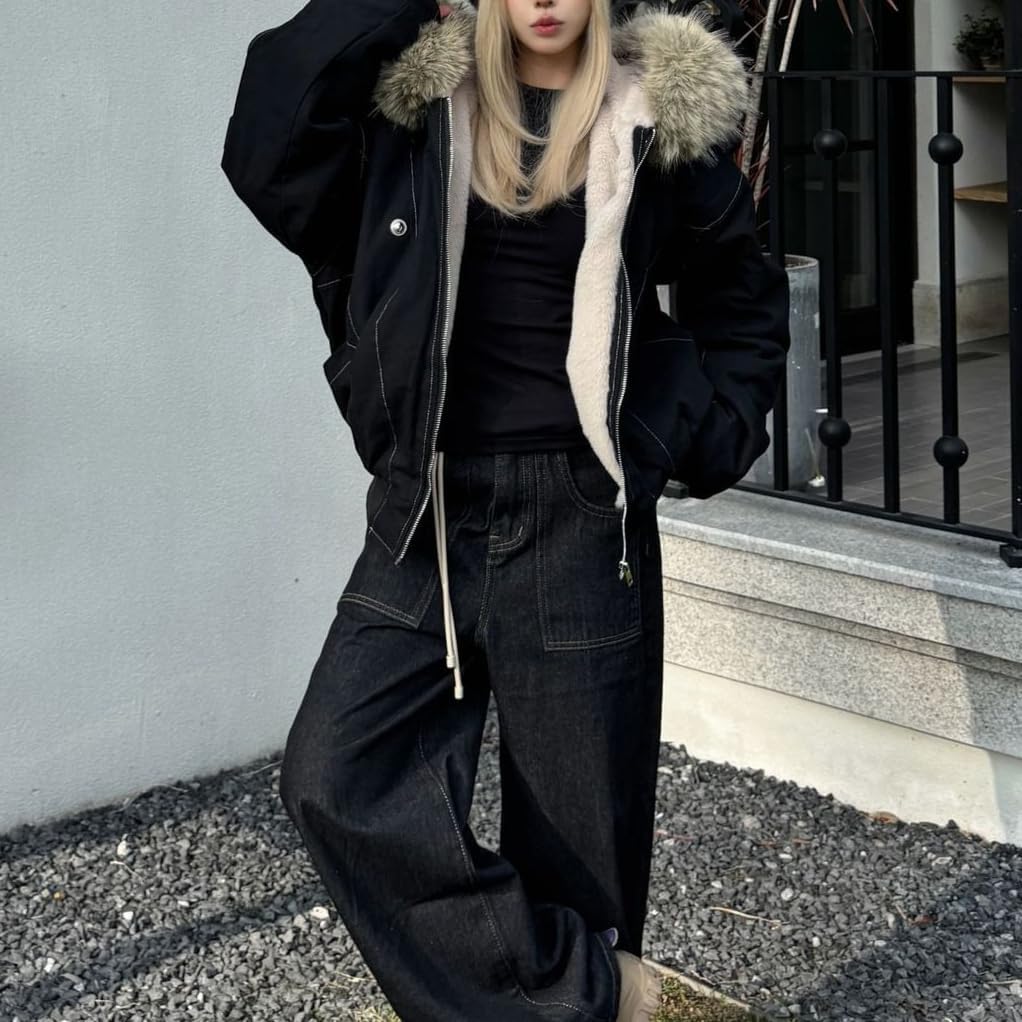 Womens Winter Coats Fur Hood Y2k Full Zip Up Jacket Baggy Casual Thick Cotton Warm Coats with Hood Unisex