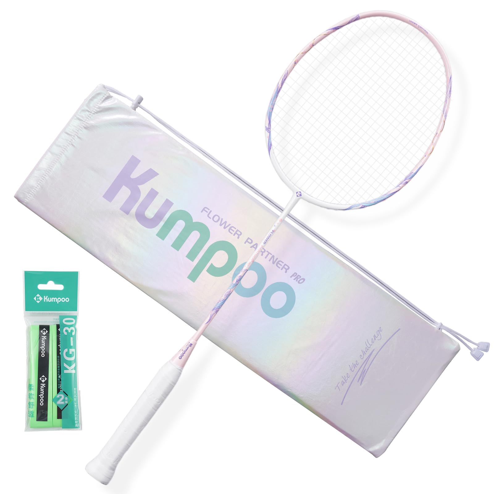 KUMPOO Professional Badminton Racket 4U Lightweight with High Strength, Carbon Fiber Badminton Pink Racket Set with Grip Tapes and Cover for Beginners, Intermediate Players, Flower Partner pro Pink