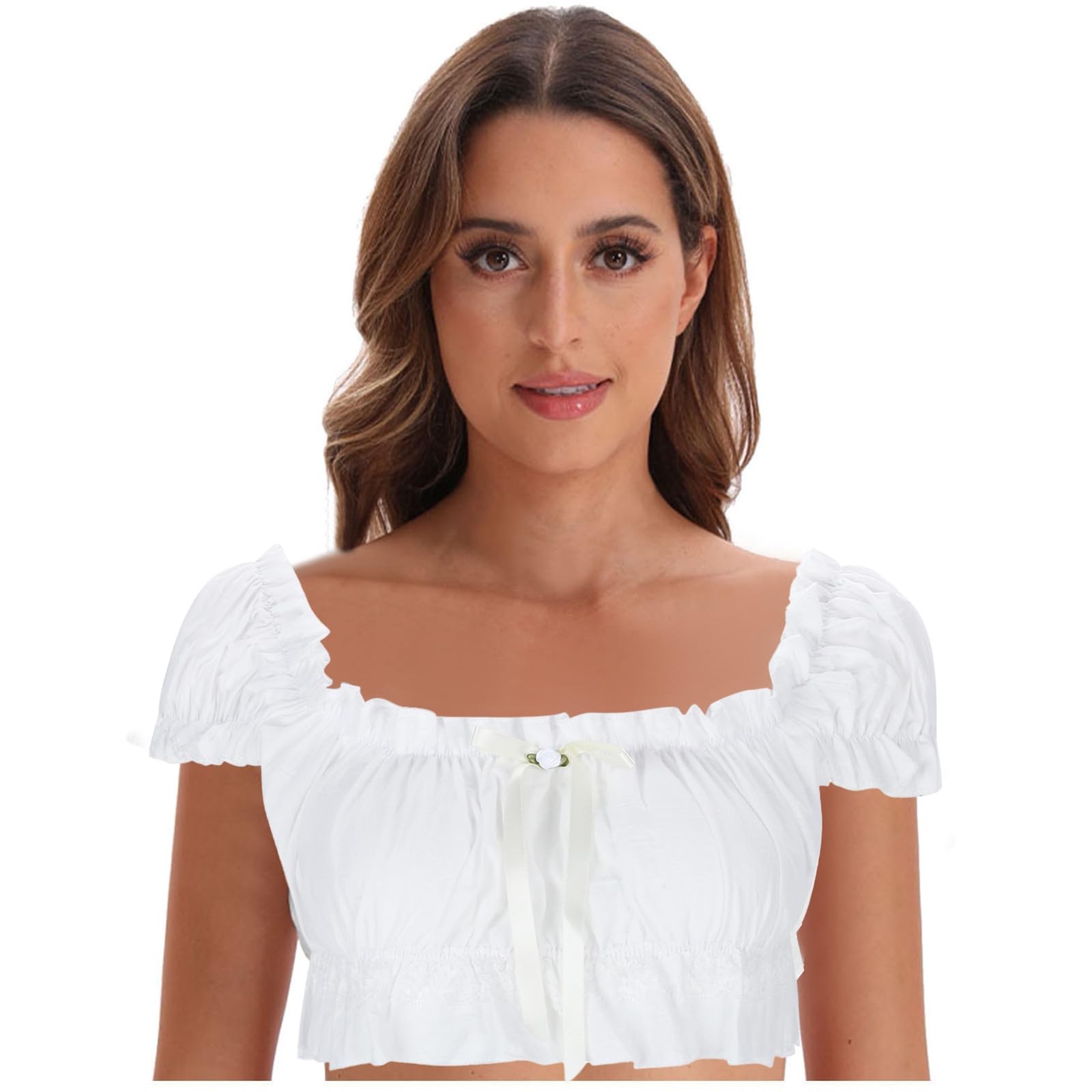 Cokbyavla Women's White #2 Oktoberfest Dirndl Blouse, Oktoberfest T-Shirt Short Sleeve For Bavarian Costumes For Lace Lingerie German Beer Crop Tops Crop Top V Neck Dirndl S Xl