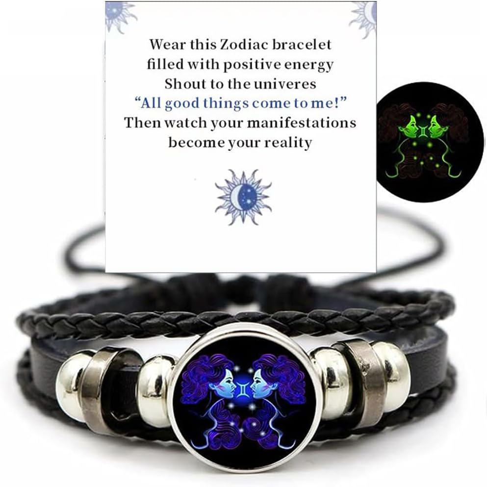 Gleym Bracelets, Zodiac Signs Spirit Bracelet, Multilayer Adjustable 12 Constellation Zodiac PU Leather Bracelet, Gleym Manifestation Bracelets Jewelry Gifts for Women and Man